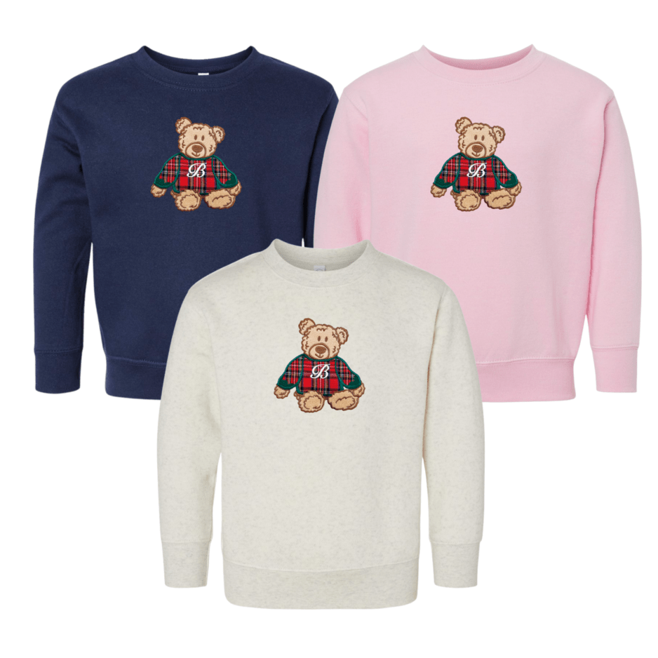 Kids Initialed ‘Classic Christmas Teddy’ Plaid Embroidery Crew
