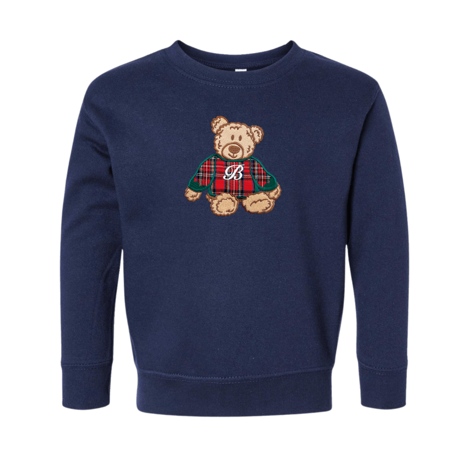 Kids Initialed ‘Classic Christmas Teddy’ Plaid Embroidery Crew